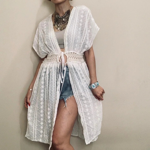 House Of Harlow 1960 Cream Sheer Lace Crochet Cardigan Duster Cover Up One Size - Picture 1 of 9
